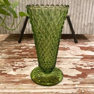 Vintage Indiana Glass Green Diamond Point Pressed Glass Pedestal Vase 8”